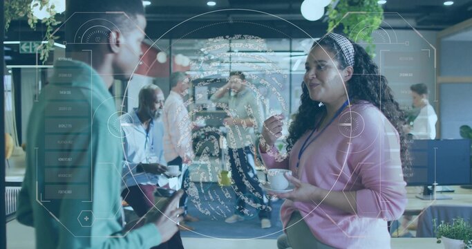 Talking woman wearing pink top holding bowl and spoon in office lounge, biometric HUD, copy space