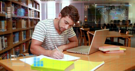 Writing male student wearing striped tee in library, using silver laptop, green binder, HUD overlay