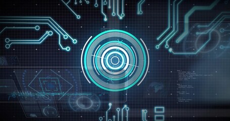Scanning central concentric HUD radar graphic rotating on virtual UI, with grid, traces and code