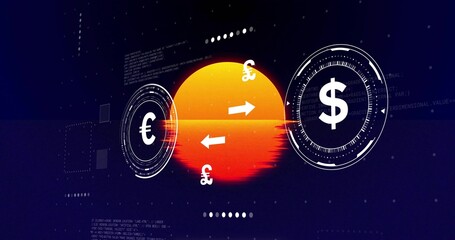 Pulsing central orange orb animating in digital finance HUD, showing currency icons and arrows