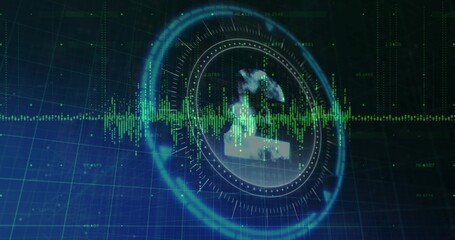 Animating circular HUD with translucent globe and pound symbol on blue grid plane, pulsing waveform