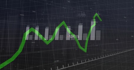 Showing green 3D-styled line chart rising across dark financial dashboard, gray bars and labels
