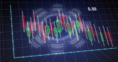 Displaying candlestick bars with white wicks, neon grid, axes and HUD on trading dashboard 0 © vectorfusionart