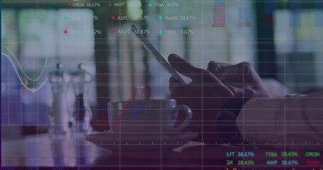 Tapping man's hands with watch checking smartphone at cafe table ceramic cup shakers charts overlay