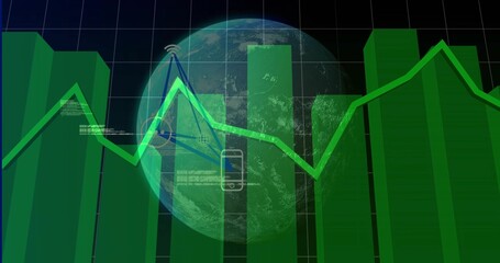 Showing composite financial dashboard featuring green 3D bar chart and neon line graph, with globe
