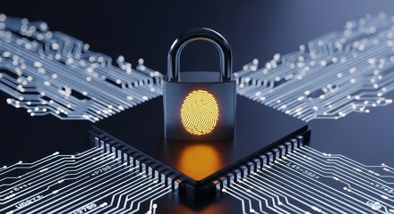 Digital security padlock with fingerprint on a chip represents cybersecurity and personal data protection technology