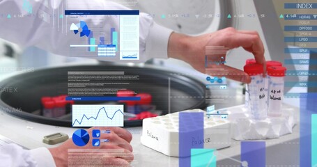 Handling red-capped tubes by white lab-coated hands at lab bench with centrifuge and Balance rack