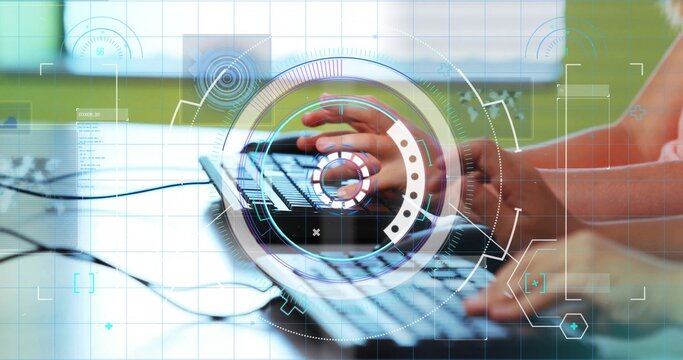 Typing older child and infant hands operating keyboard at desk, bare forearms, onesie, cables, HUD