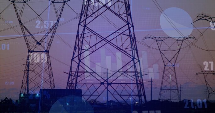 Towering steel lattice tower dominating dusk at power corridor, showing power lines and data charts - Powered by Adobe