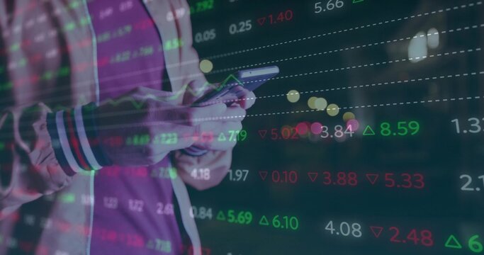 Checking man tapping smartphone at night, showing finance overlays, bomber jacket cuffs, copy space