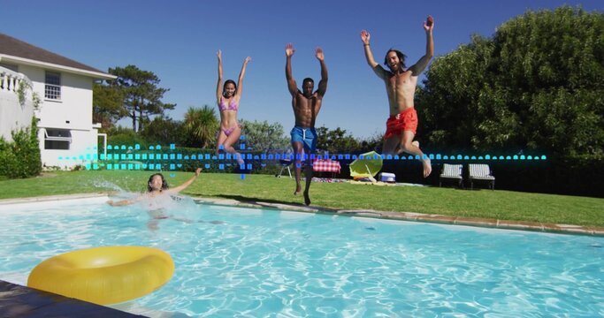 Jumping four friends in swimsuits and trunks at backyard pool, splashing by yellow ring