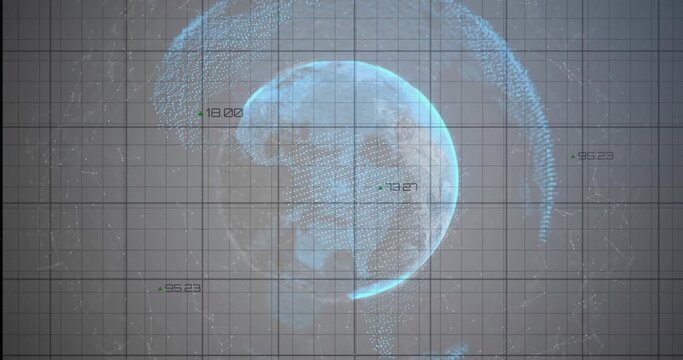 Displaying holographic globe pulsing in cyan on gray grid background, with numeric labels and arcs