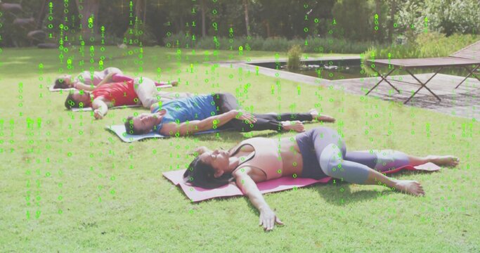 Lying four adults practicing yoga on grass lawn, wearing sportswear and mats with green overlay