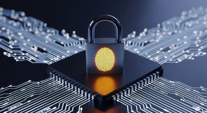 Digital security padlock with fingerprint on a chip represents cybersecurity and personal data protection technology