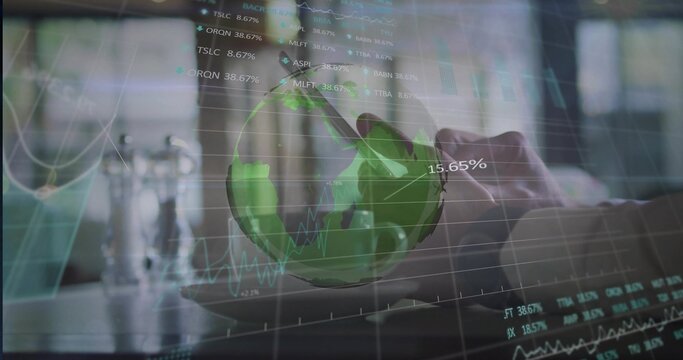 Typing male hands in long-sleeve shirt on laptop keyboard at windowed desk, hologram charts