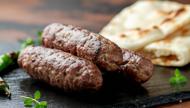 Close-up of delicious grilled minced meat rolls, often known as cevapi or kofta, served on a dark stone plate with fresh green herbs and traditional flatbread, a savory culinary delight