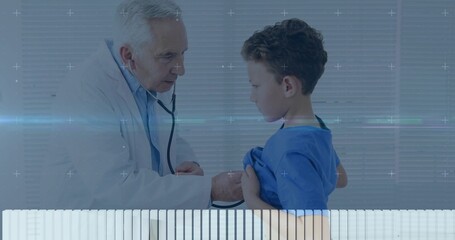 Listening doctor using stethoscope on boy's chest in clinic with white coat, blue shirt, overlay