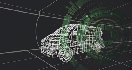 Fototapeta premium Rendering 3D wireframe van model in studio showing converging grid floor, neon segmented HUD rings
