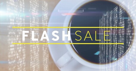 Displaying white cup filled with black coffee on light wood tabletop, with FLASH SALE code overlay © vectorfusionart