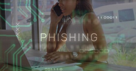 Talking woman wearing sleeveless top holding phone, typing on laptop at cafe window, with PHISHING