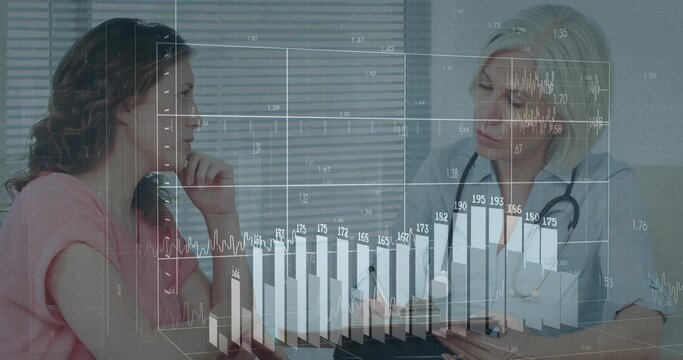 Discussing doctor in coat writing chart at clinic, patient in pink top, stethoscope, data overlay