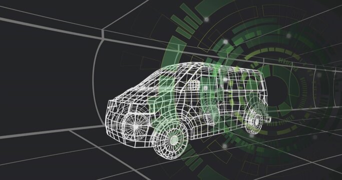 Rendering 3D wireframe van model in studio showing converging grid floor, neon segmented HUD rings