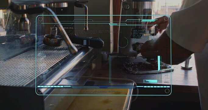 Tamping barista hands in short sleeves using portafilter at cafe with espresso machine, copy space