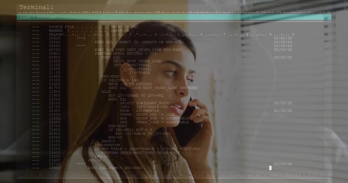Holding woman in light top, listening on smartphone at office window with blinds, terminal overlay - Powered by Adobe