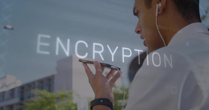 Speaking into phone man wearing collared shirt, wired earbud, watch, street ENCRYPTION, copy space - Powered by Adobe