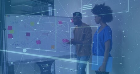 Planning pair in blue blouse pointing at whiteboard, pink sticky note and blue folder, UI overlay