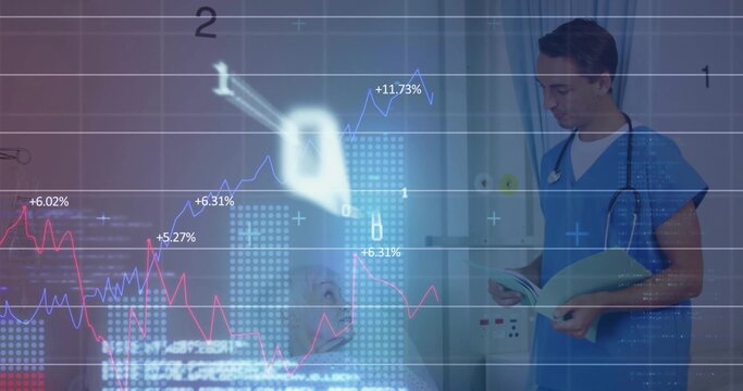 Reading male doctor in blue scrubs holding chart at bedside, stethoscope, data overlays, copy space