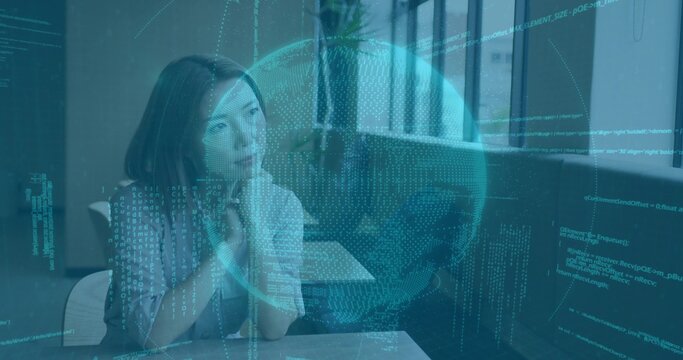 Resting Asian woman in light blouse looking upward at table, modern lounge, with HUD globe overlay - Powered by Adobe
