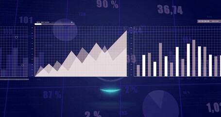 Displaying dual-panel dashboard on blue screen, showing area peaks, bar chart, percent labels, HUD