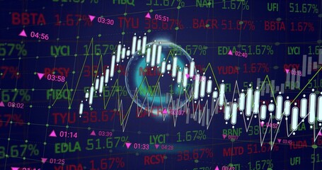 Showing white-teal candlestick arc and line graphs on trading terminal, with globe and tickers