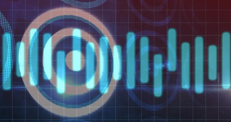 Glowing cyan waveform running across center on dark gridded plane, with concentric dotted rings
