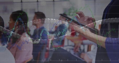 Tapping right attendee in dark blazer using tablet at seminar, financial charts overlay, copy space © vectorfusionart