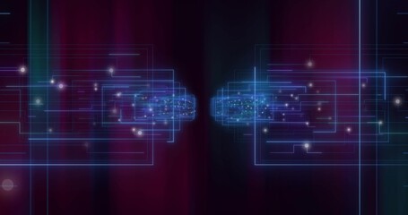 Fototapeta premium Featuring neonblue wireframe rectangles converging inward on maroon gradient with glowing nodes