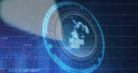 Displaying futuristic circular HUD on monitor with pixel world, rings, dual charts, percent labels