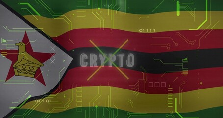 Obraz premium Displaying Zimbabwe flag filling frame in digital art, showing CRYPTO stencil and neon binary trace