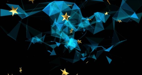 Fototapeta premium Flowing translucent blue polygonal mesh forming 3D ribbon in black void, with golden stars