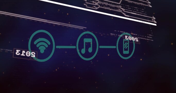 Displaying three teal icons Wi?Fi, music note, smartphone linked by line across dark HUD, code band