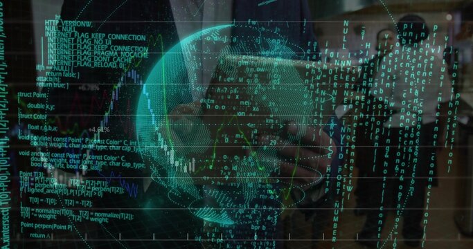 Displaying skull-globe with teal code on glass, showing phone in dark jacket, companion light coat