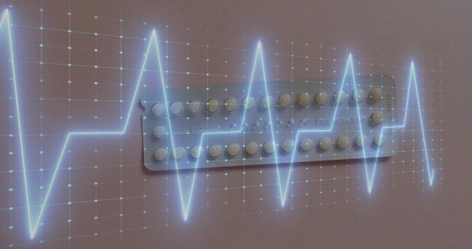 Displaying foil blister pack with tablets lying on pink-beige surface, showing ECG waveform overlay - Powered by Adobe