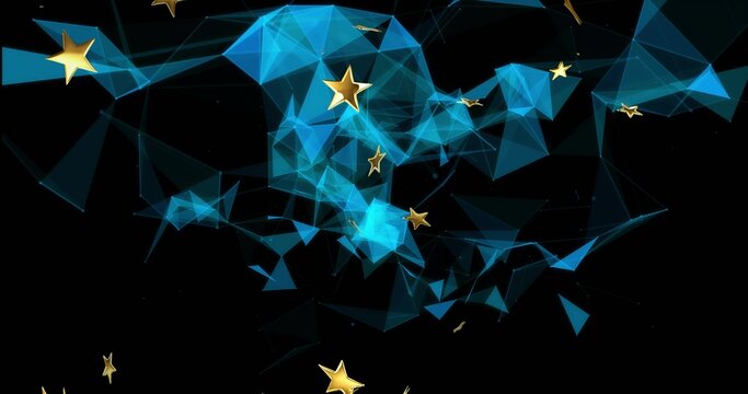 Flowing translucent blue polygonal mesh forming 3D ribbon in black void, with golden stars