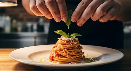 Chef meticulously garnishing pasta with fresh basil at restaurant kitchen