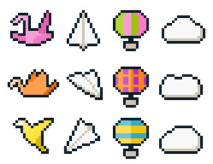 Fototapeta premium 8-bit pixel art paper bird, airplane, air balloon and cloud set