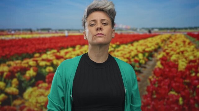 Caucasian woman in green cardigan shows thumb down in red and yellow tulip field under clear sky; rejection refusal disapproval negativity.