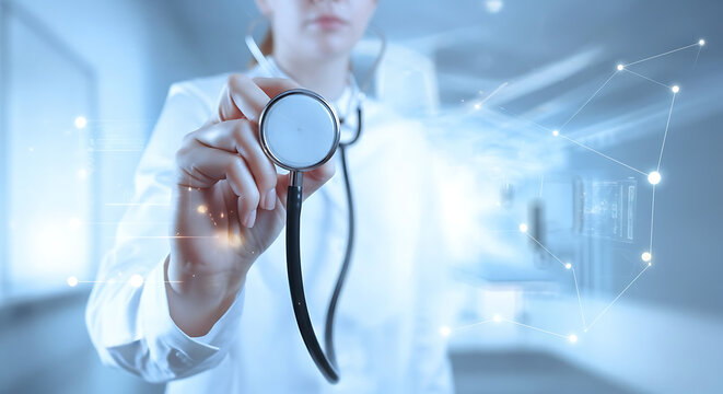 Future of Care, Medical Professional with Stethoscope and Digital Connections