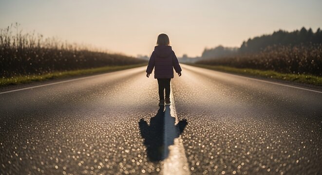 Silhouette of a child walking alone on a quiet rural roadway forward