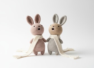 Two handmade crochet bunny toys wearing white scarves on a white background, showcasing cozy winter decor.